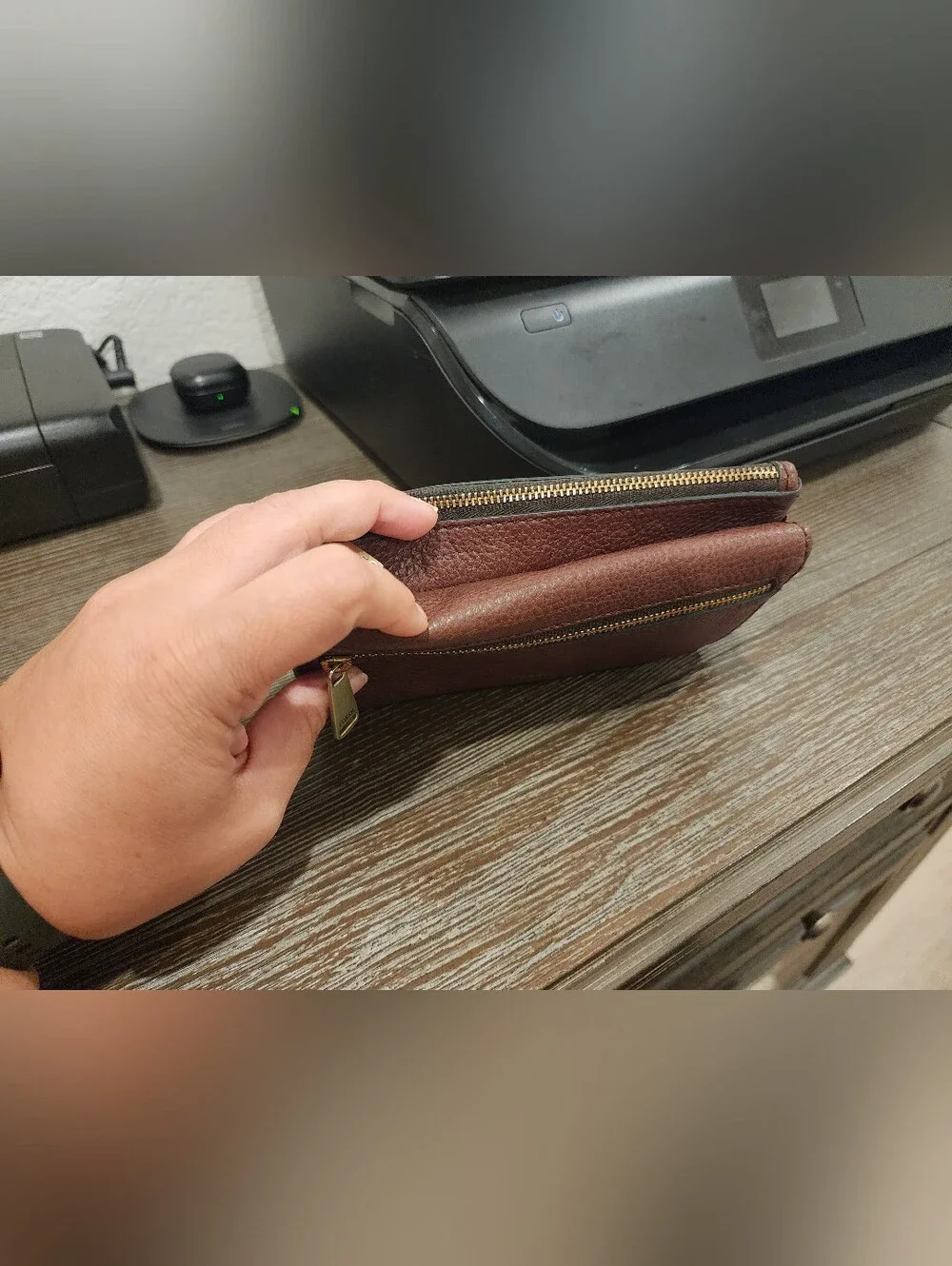 Fossil Pebbled Leather Zip Wallet - Chocolate Brown